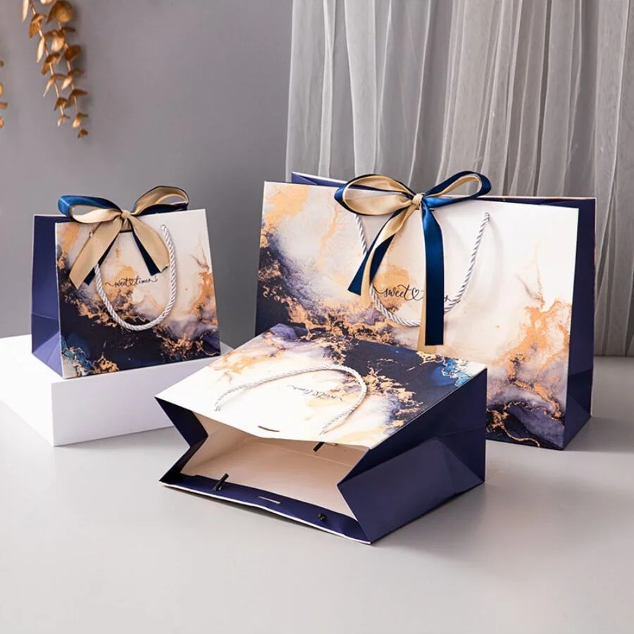 3pcs Gift Wrapping Bags Golden Blue Marble Pattern Paper Bags With Handles For Gifts