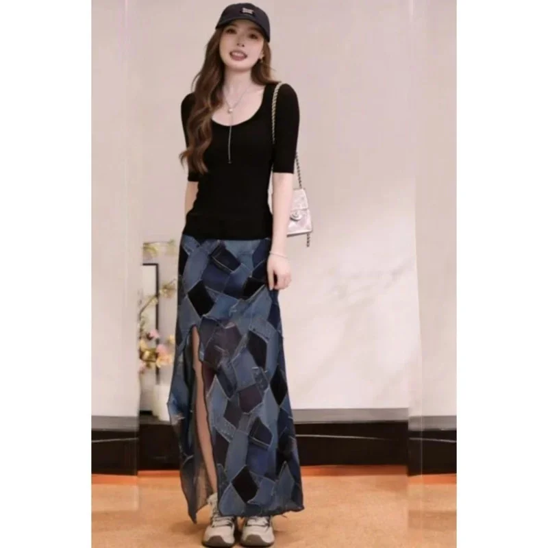 Women Denim Patchwork Skirt High, Waist Slim Fit Split Long, Skirt Summer Vintage Printed A, Line Midi Skirts Streetwear