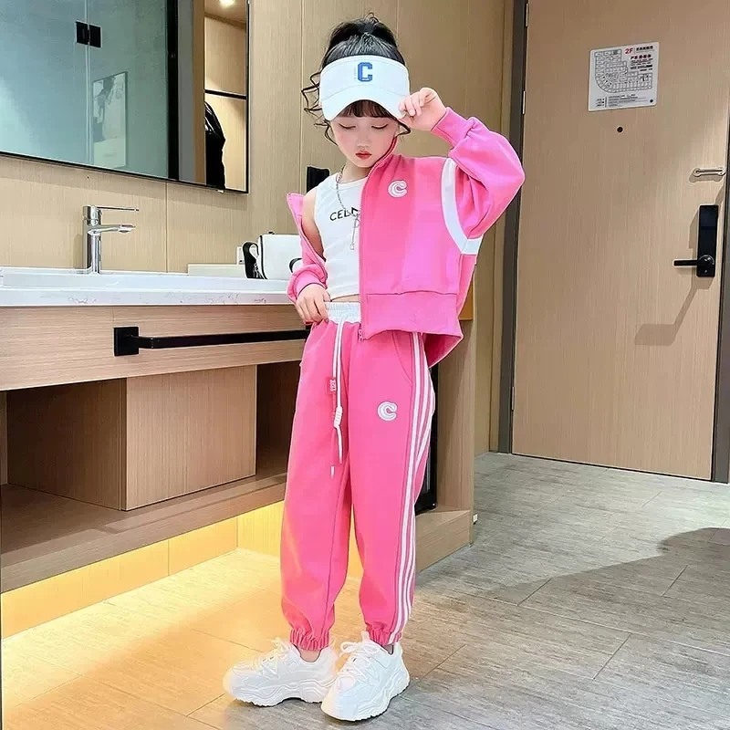 Fashion Tracksuit 2 Piece Set Girls Zipper Sweatshirts Jackets + Children Side Striped Jogger Pants Korean Kids Loose Conjuntos