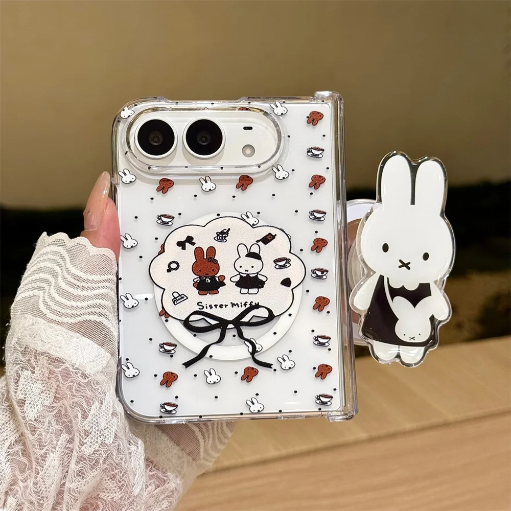 Korea Ins Fashion Full miffy Magnetic stand Phone Case For iPhone Duo Foldable Protective Cover Cute Cases Shockproof with Chain