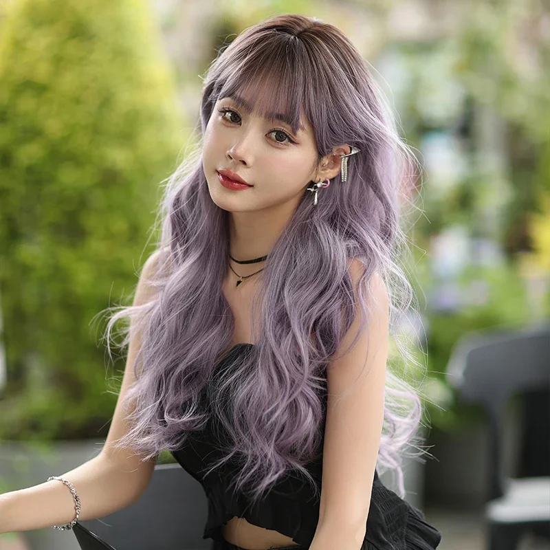 Long Wavy With Bangs Part Ash Purple Ombre Purple for Women Daily Party High Density Layered Body Wavy Wigs