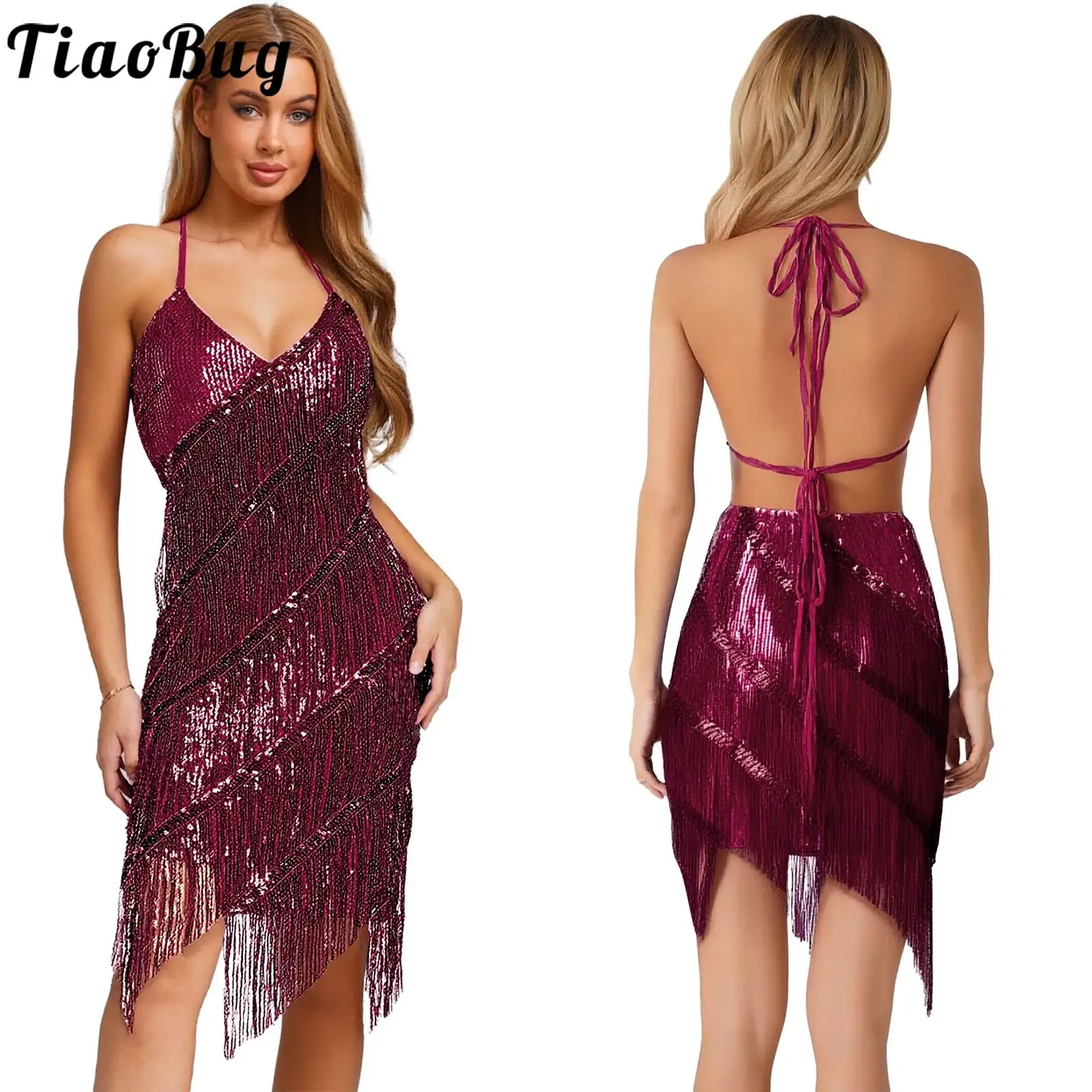 

Sequin Dress Women Latin Tango Jazz Dance Costume Tiered Sequin Tassel Lace-up Bodycon Dress Dancewear for Chacha Rumba Salsa
