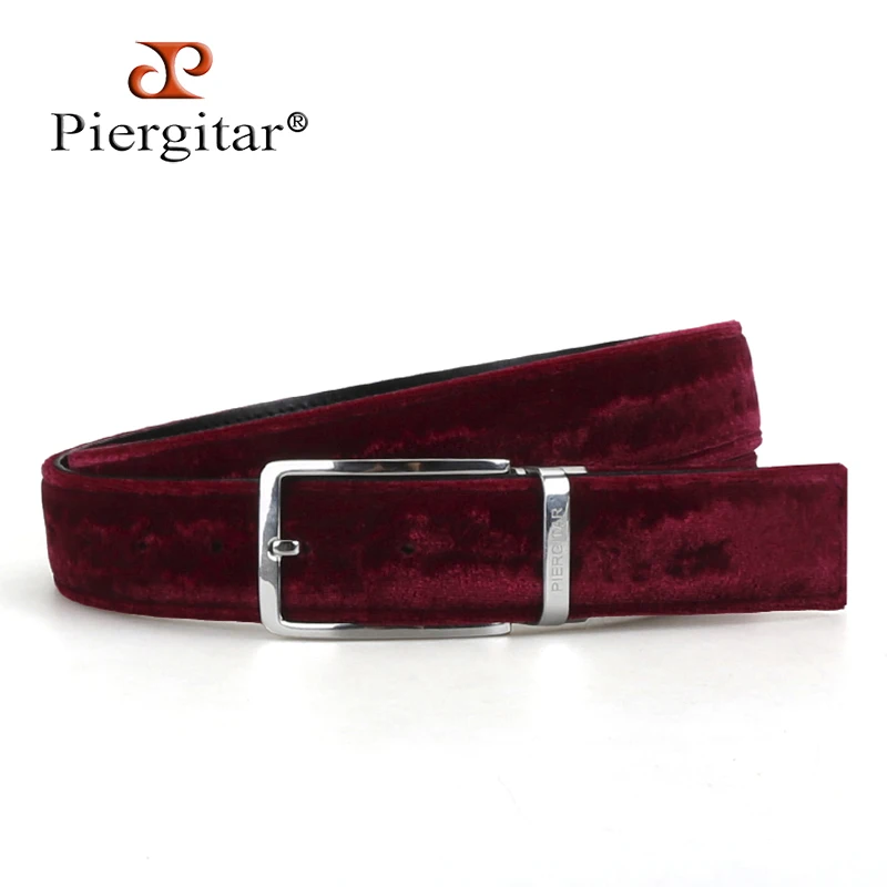 Piergitar Classic Style Burgundy Velvet Men's Belt With Stainless Steel Buckle Match The Same Material Of Shoes Cowskin Lining