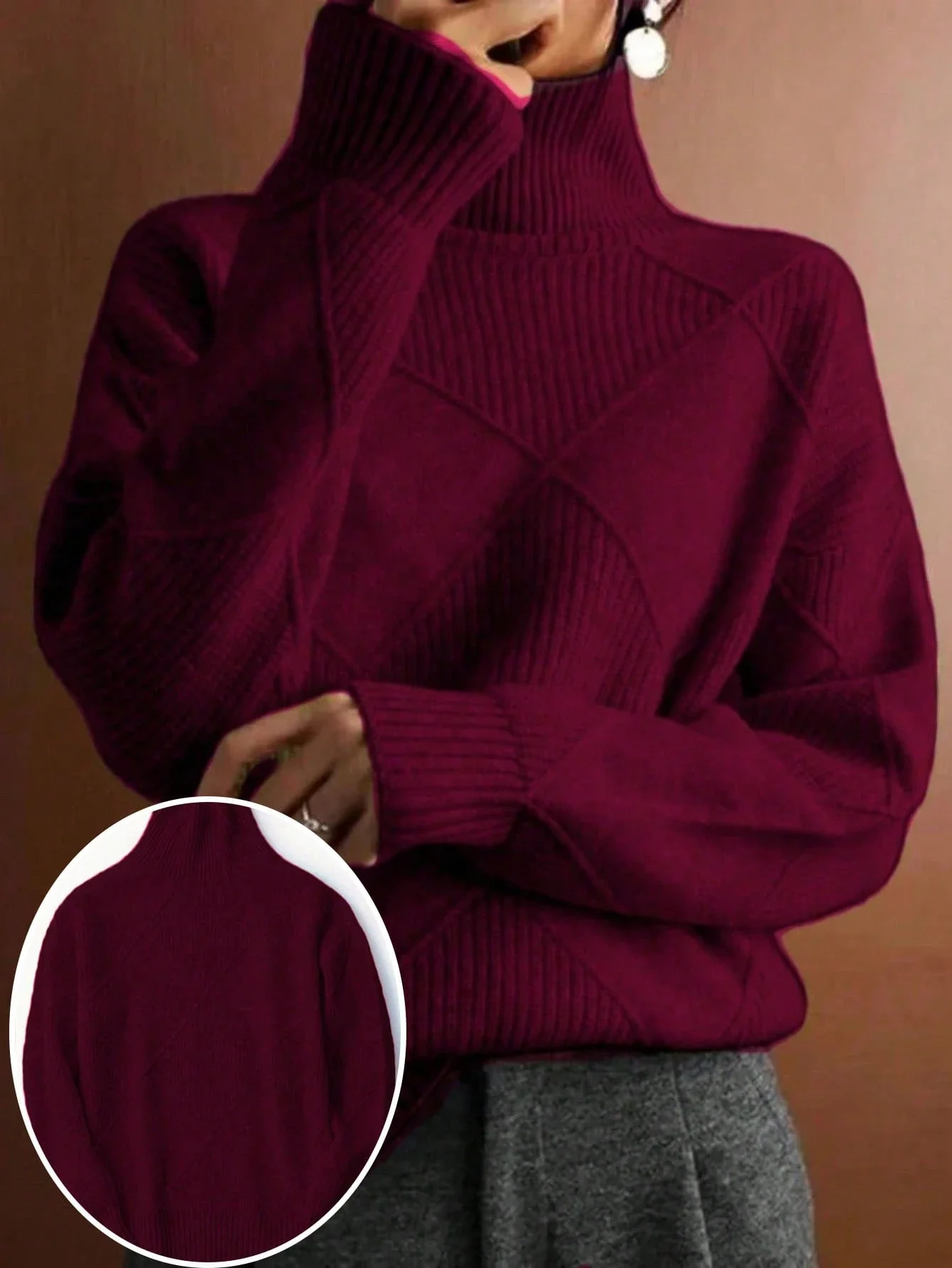 

Plus Size Women Solid High Neck Long Sleeve Knit Sweater Autumn Winter