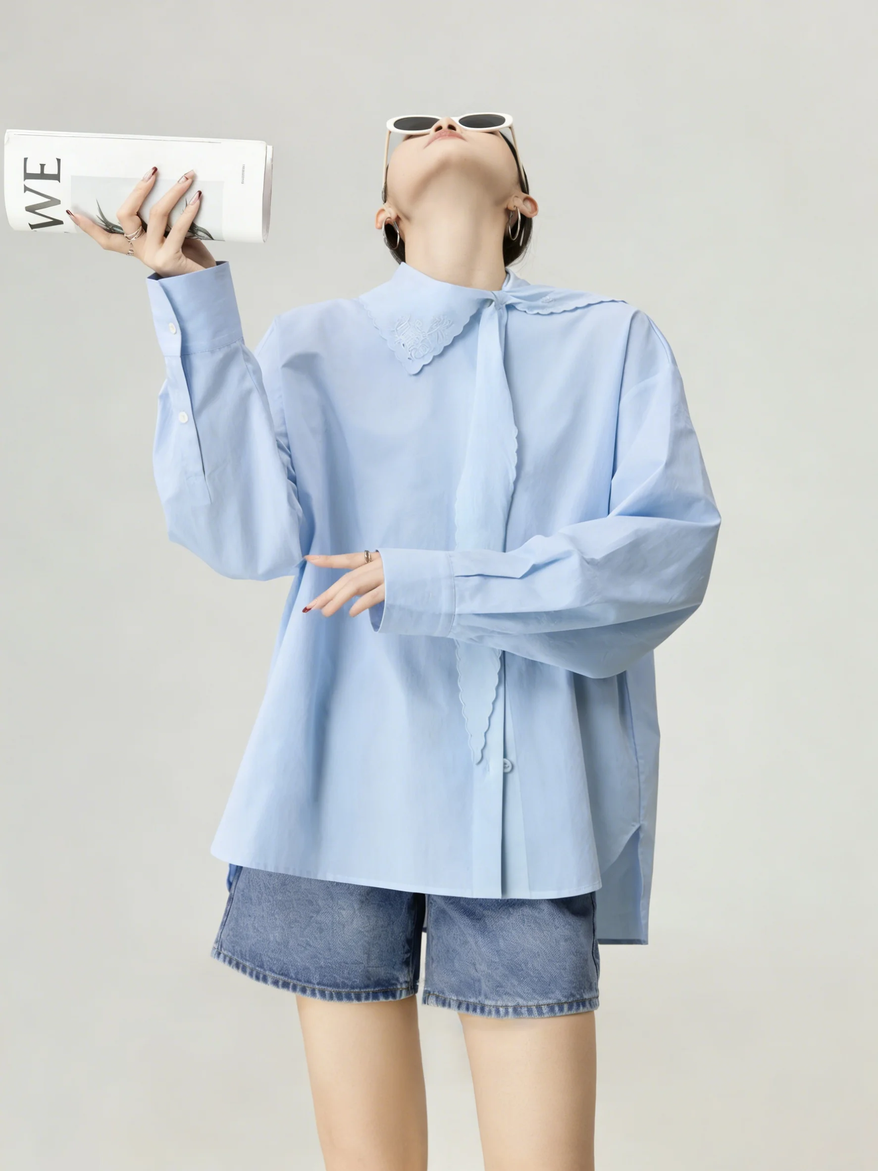 

Unique Blue Long Sleeve Women's Shirt 2026 New Style Casual Loose Fit Polyester Blend Spring Fashion High Waist Tying Design