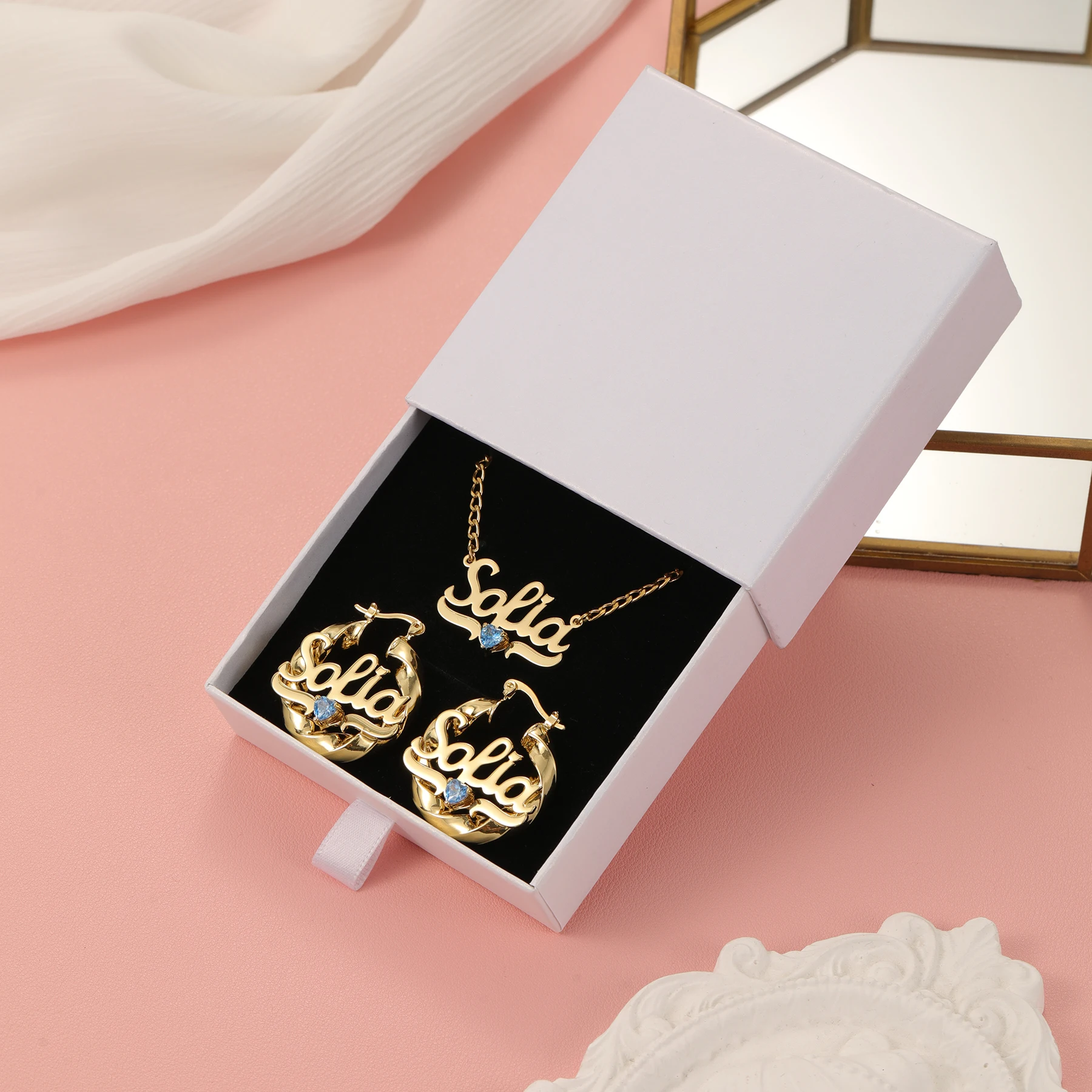 Dascusto individuelles Geburtsstein-Schmuckset, personalisiertes Namensschild, Anhänger, Halskette, 30 mm Creolen, Gold für Frauen, Schmuck, Geschenke – Detail 4