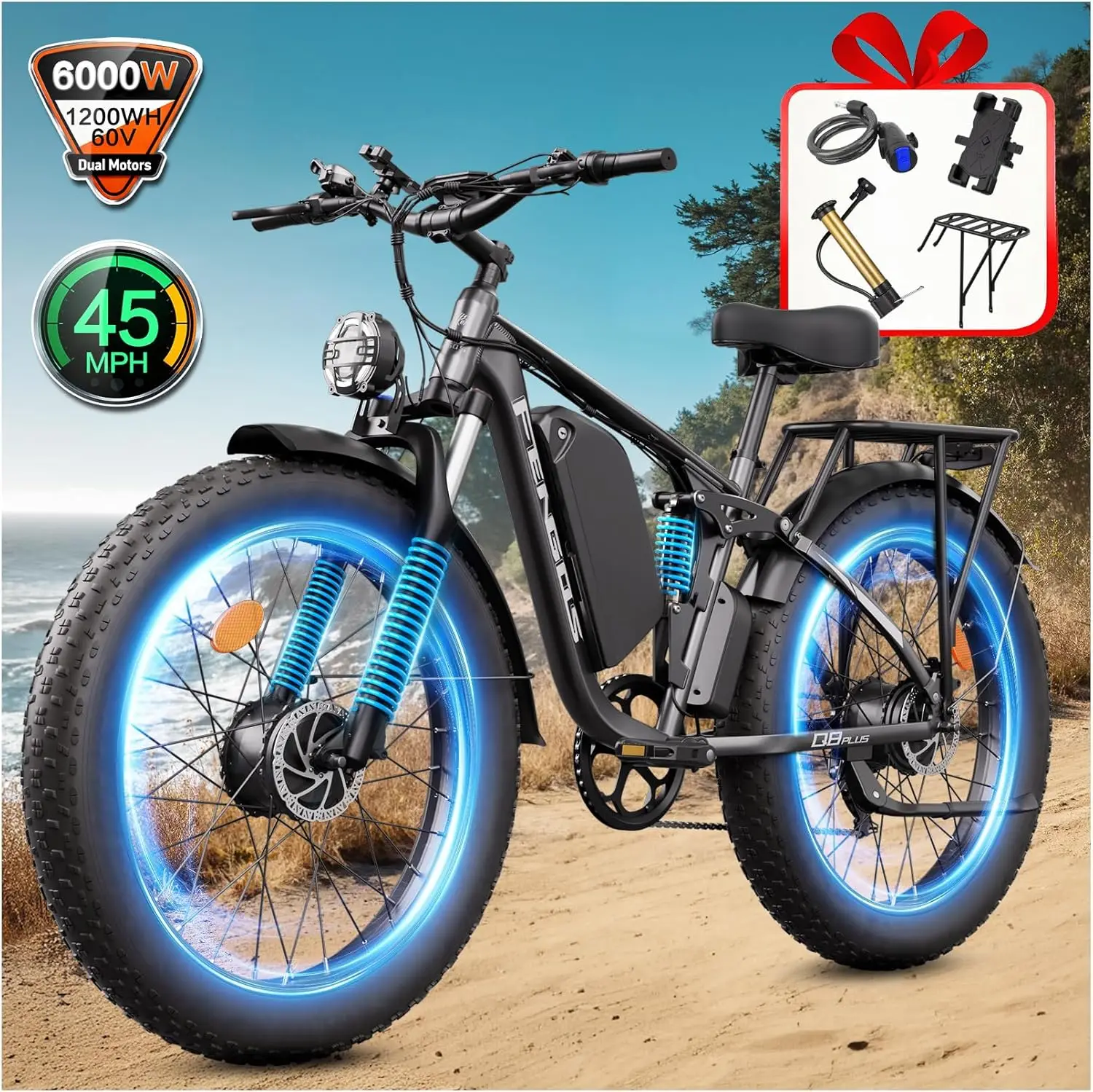 FENGQS Q8PLUS 60V 6000W adult electric bicycle, long range 45 mph high-speed wide tire fully shock-absorbing mountain bike
