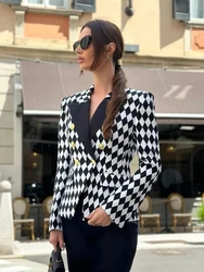 Modphy New Black White Plaid Women Slim Suit Blazer Double Breasted Jacket Party Prom Wdding Outfits