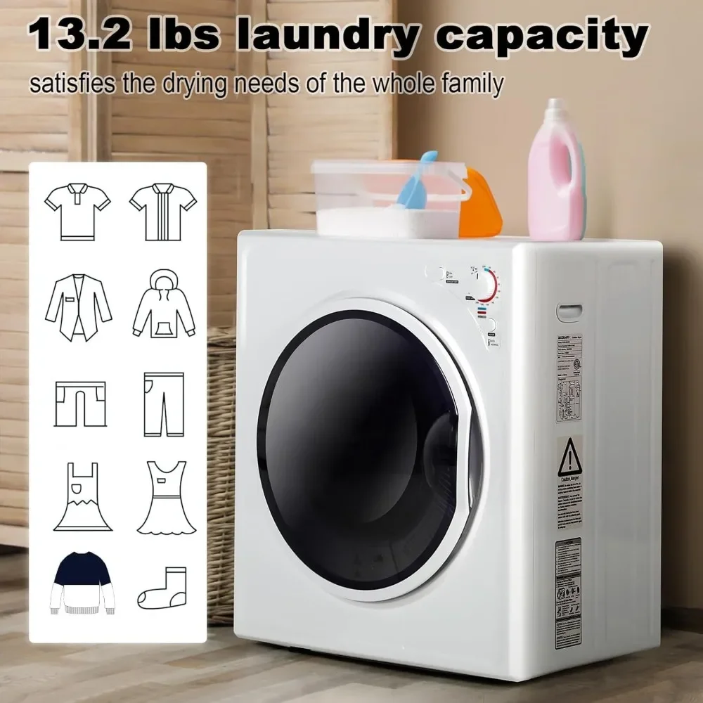 Compact Laundry Dryer, 2.6 cu ft Front Load Stainless Steel Clothes Dryers with Exhaust Pipe, 1400W,Four-Function Portable Dryer