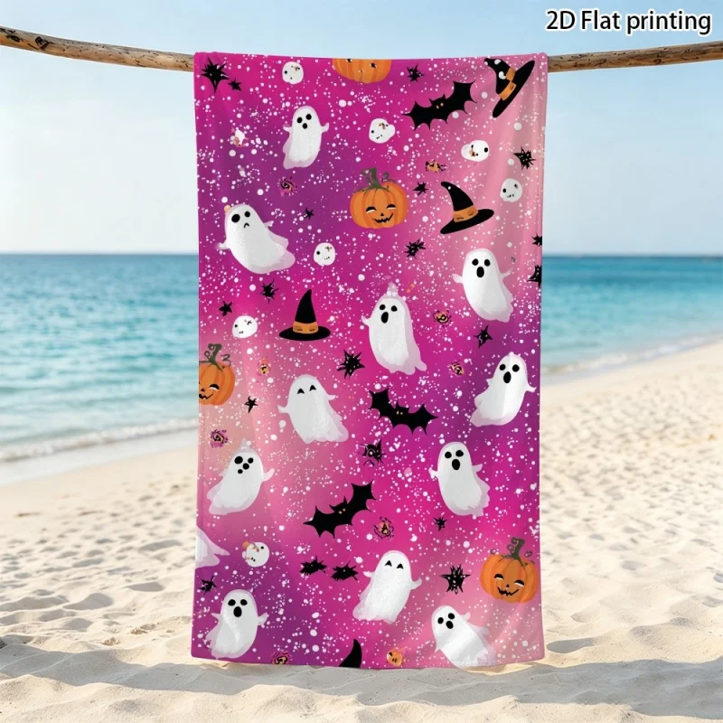 Newest Beach Towel Pink Glitter Background Ghost Pumpkin Witch Hat Bat Print Beach Towel Soft Microfiber Bath Pool Towel