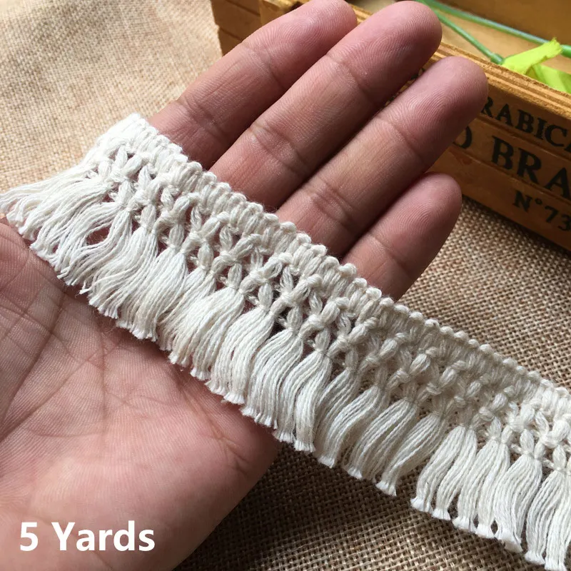 5yard 3.5cm Wide Webbing Tassel Trim Weaved Ribbon Lace Fabric Cotton Thread Beige 3D Curtains Decoration Garment Accessories