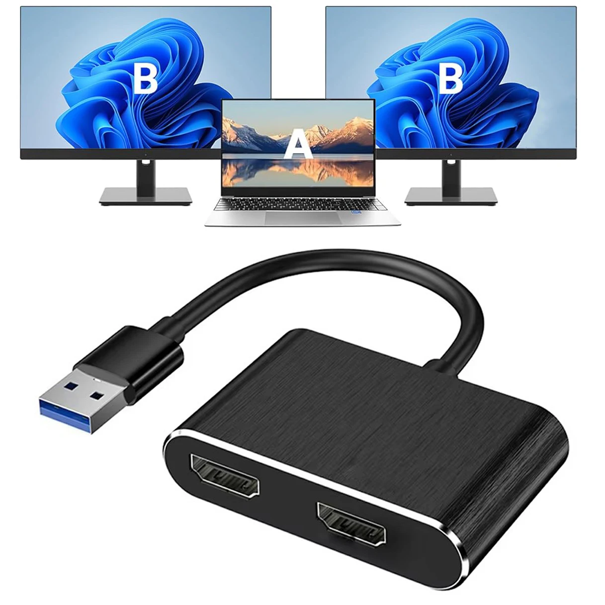 USB 3.0 to Dual 1080P HD Display Converter Cable Two Same Screen Extender Adapter for Windows Laptop Desktop PC To HDTV Monitor