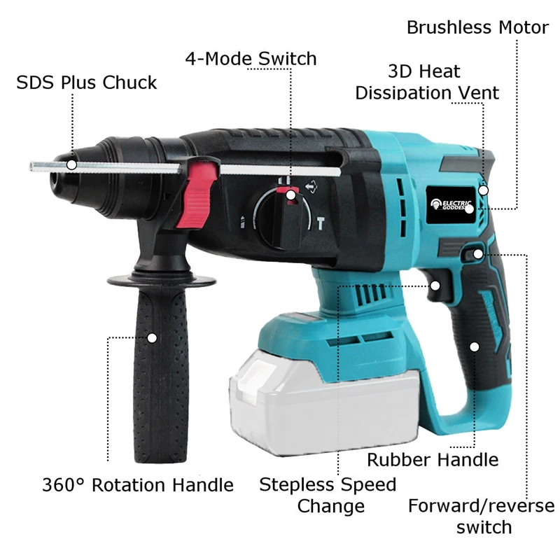 Electric Goddess 26mm Cordless Electric Impact Hammer Multifunctional Rotary Breaker Hammer Power Tool for Makita 18V Battery