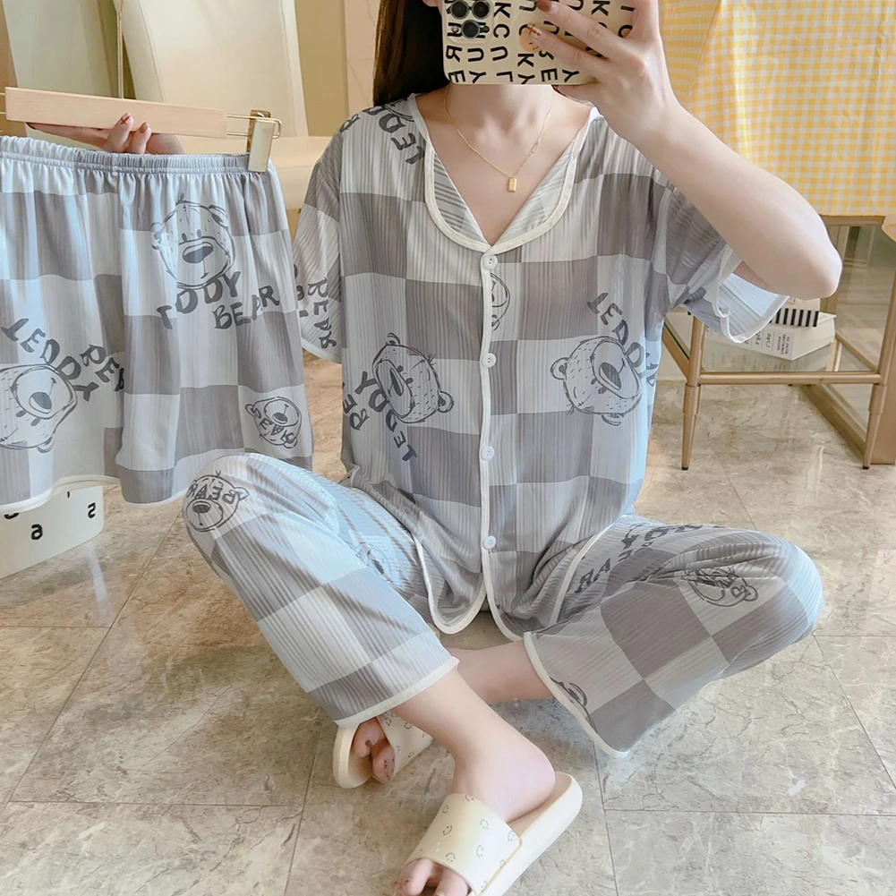 Womens Casual Home Clothes Cute Printed Short Sleeve Tops Combined with Matching Shorts and Comfortable Long Pants