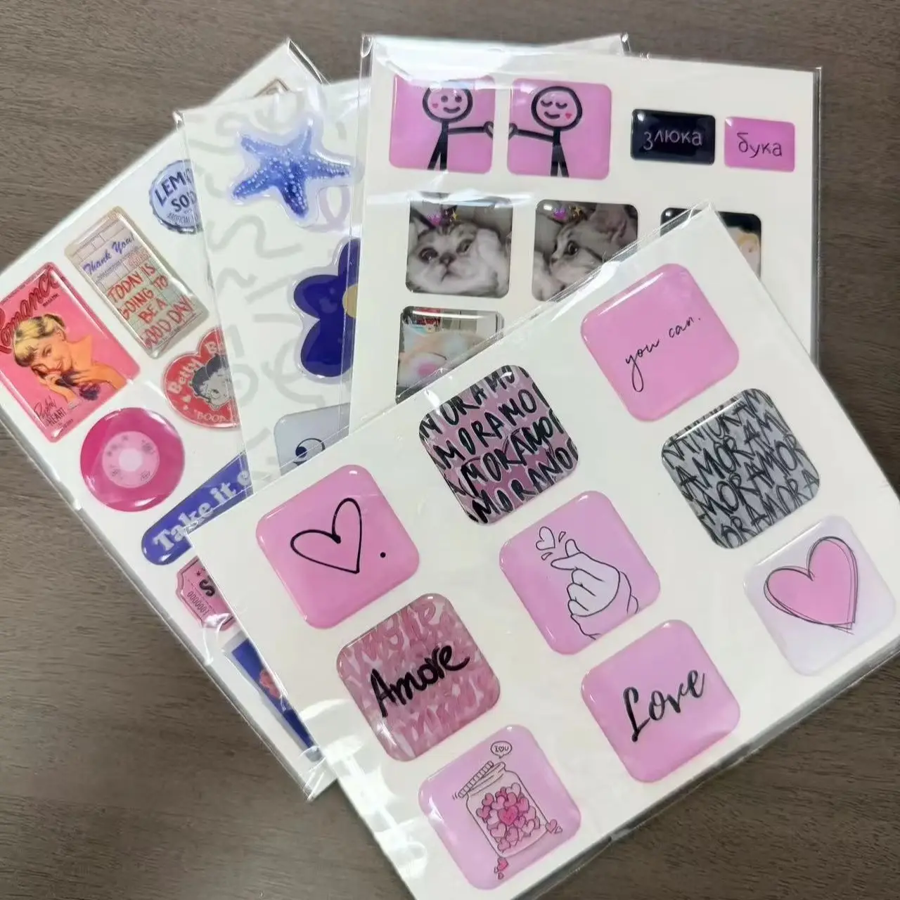 Ins Style Pink Heart Text Epoxy Stickers Cartoon Cat Emoticon Pack DIY Phone Case and Journal Decoration 3D Stickers
