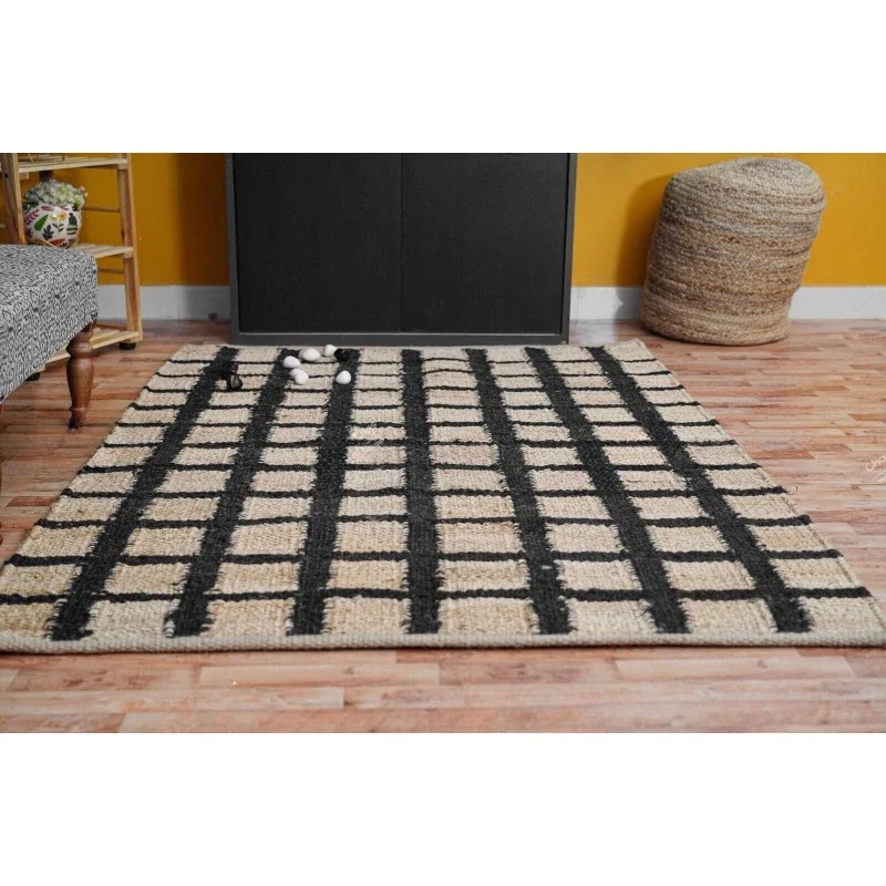 Handwoven Rectangle Hemp Jute Rug Beige and Black Design Dhurrie Large Area Rug