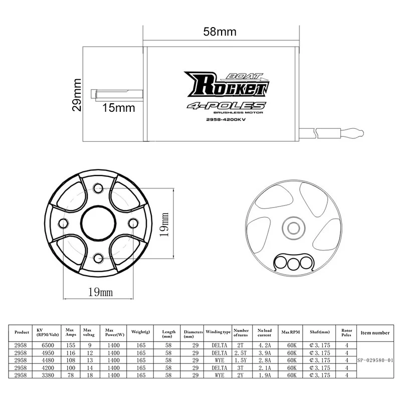 Bezszczotkowy wodoodporny silnik Rocket 2958 3380KV z osłoną kurtki chłodzącej wodę 29S 3,175 mm 4-biegunowy wał do 600-800 mm