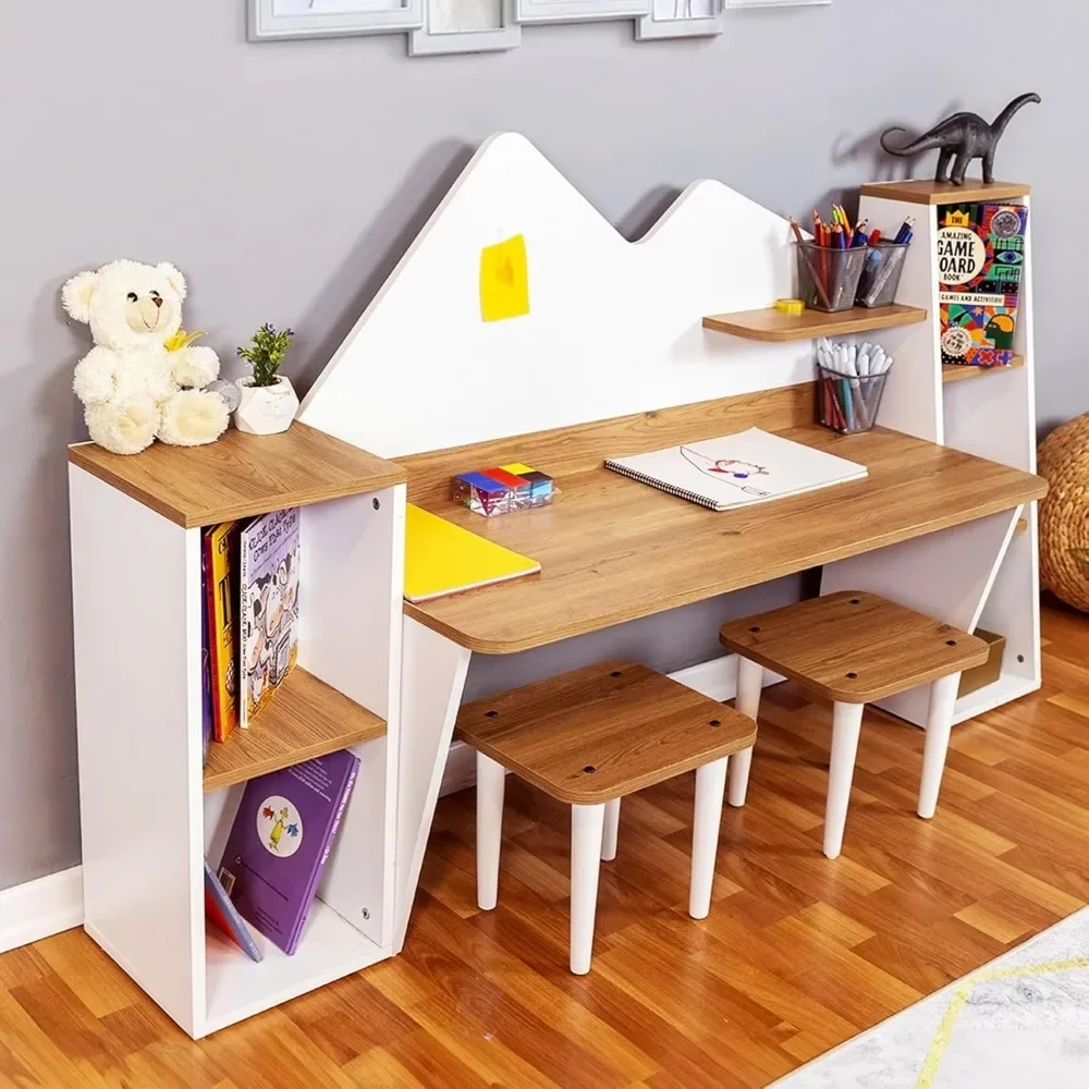 Kid\'s Study Desk with Bookshelf + 2 Stools for Ages 3-8, Wooden Children Activity Table with Hutch and Shelves, Kids Bedroom