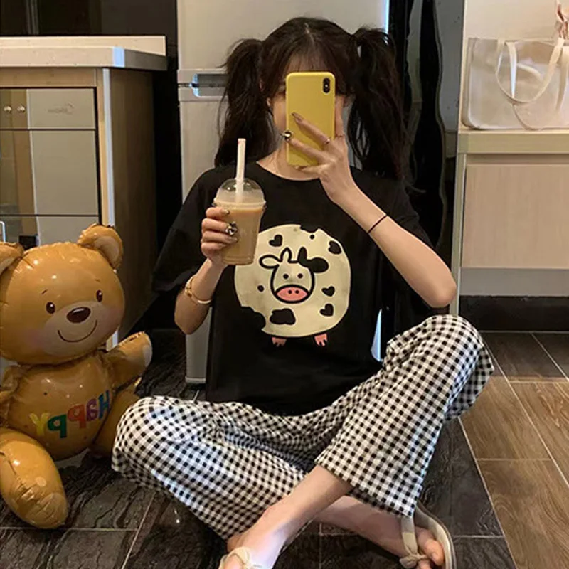 Women\'s Pajamas Summer Two-Piece Set Of New Short-Sleeved Long Pants Loose Big Yards Korean Version Of The Cute Cartoon Homewear