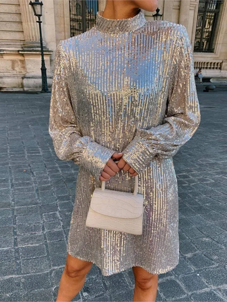 

Fashion Slim Slim Round Neck Lace-up Waist Dress For Women Autumn Elegant Long-sleeved Sequined Backless Evening Dresses