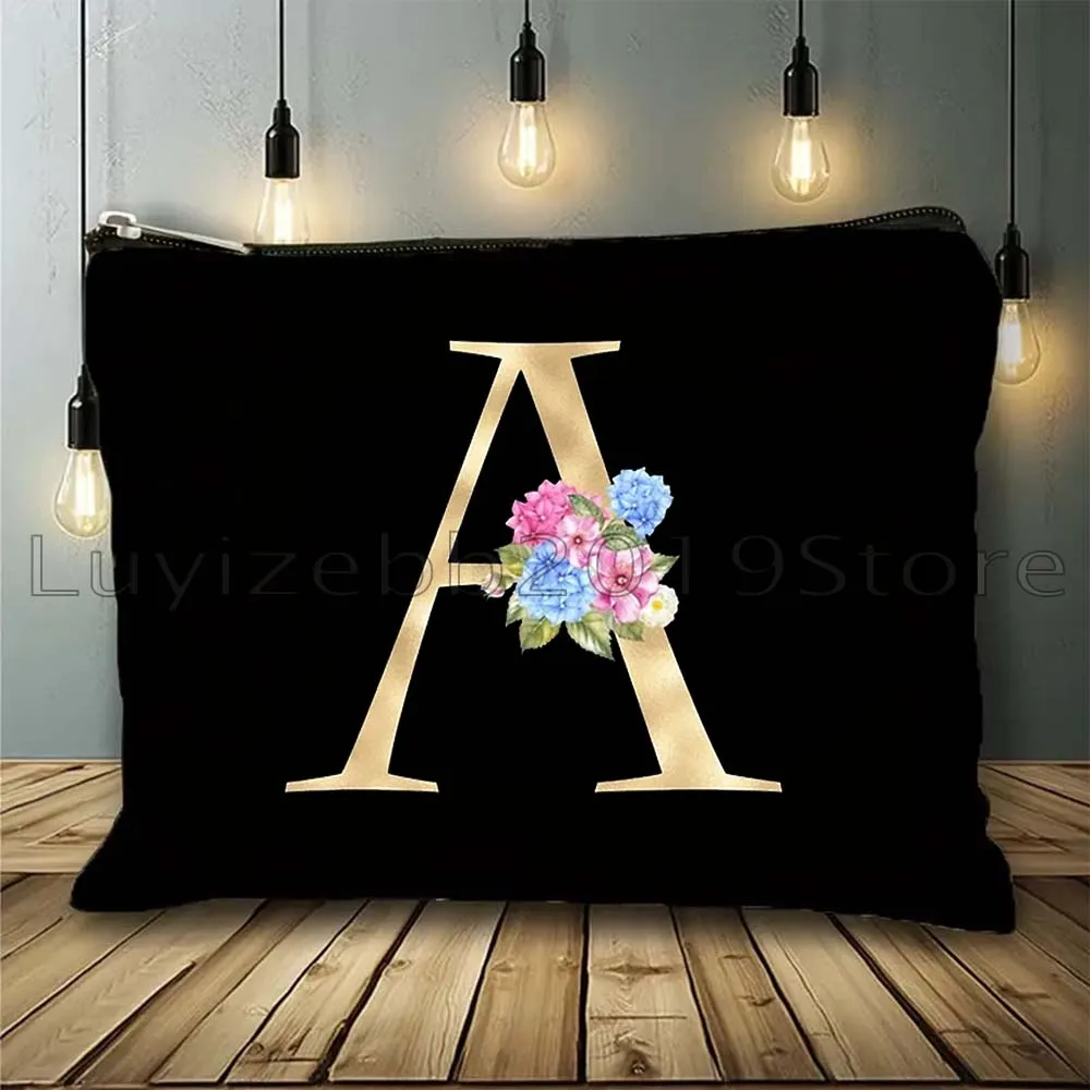 Gold Floral Letter English Alphabet Flowers Initial Letter Gifts Canvas Cosmetic Bags Makeup Brush Organizer Pouch Toilet Bags