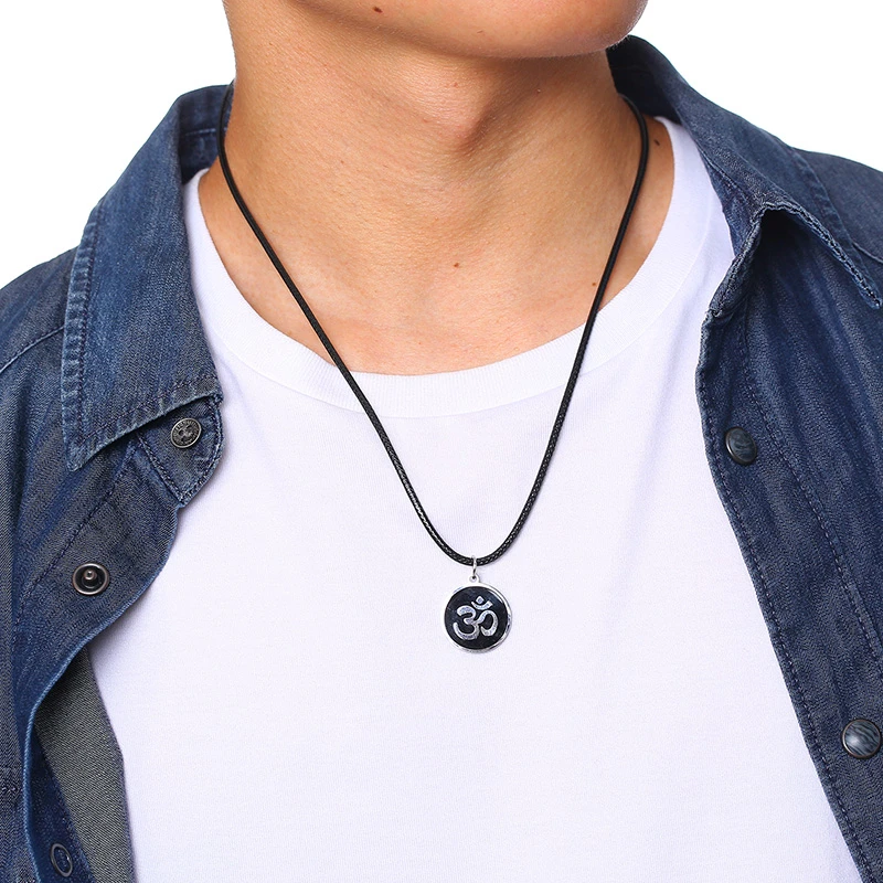 Men\'s OM Necklace Round Ohm Pendant Adjustable Yoga Spiritual Jewelry