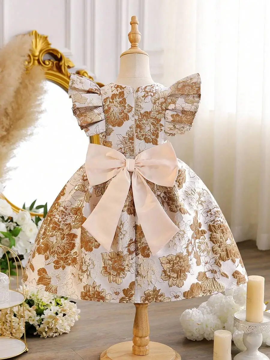 

Elegant Floral Jacquard Evening Dress With Flutter Sleeves And O-Neck