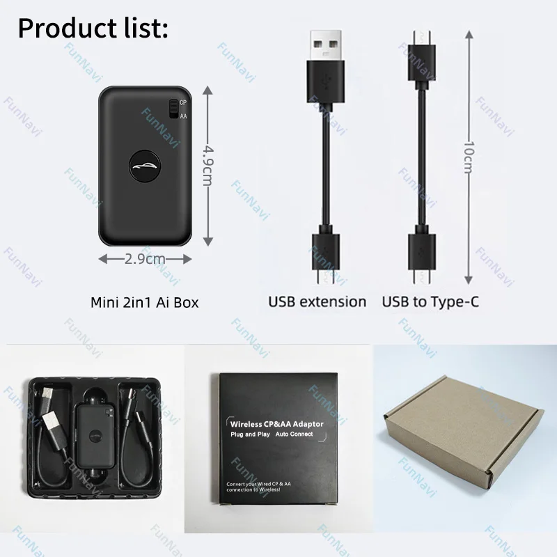 Mini adaptateur Carplay sans fil pour voiture, Android Auto, filaire vers sans fil Smart Ai Box, Bluetooth, WiFi, LED allergique automatique, 2 en 1