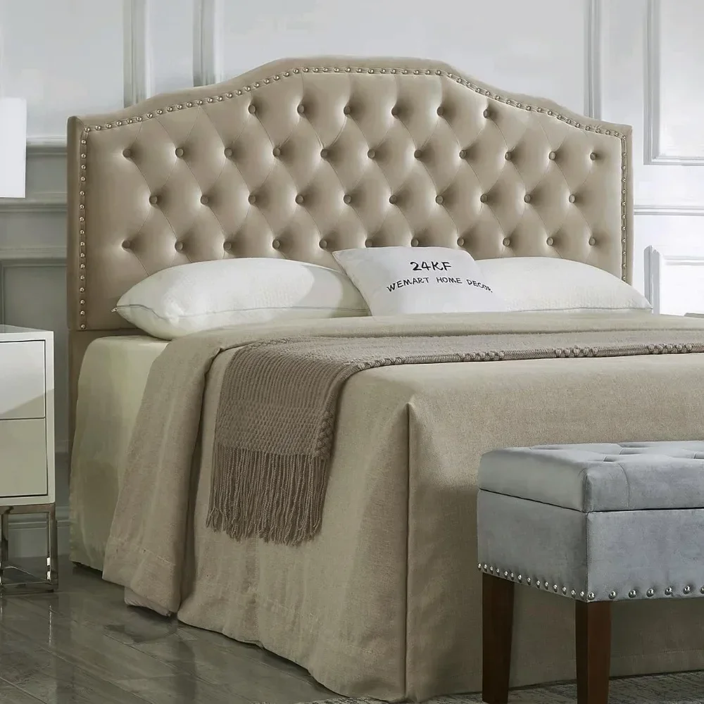 Soft Velvet Fabric Headboard Queen/Full Bedroom Furniture 24KF Upholstered Button Tufted Headboard With Nailhead Trim Taupe Bed