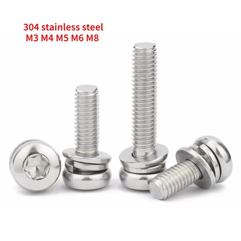 

20/40/100/200pcs M3 M4 M5 M6 M8 304 Stainless Steel Round Head Torx Combination Screw Plum Blossom Belt Flat Spring Washer Screw