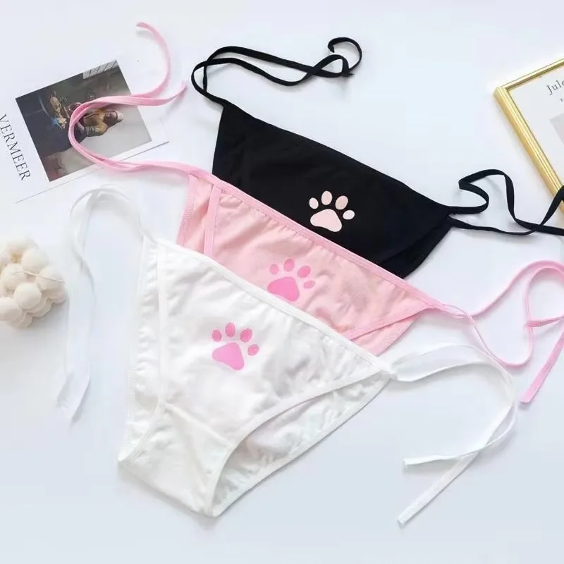 1/2/3 Uds. Bragas sexis de algodón con vendaje para mujer, bonito lazo con forma de Pata de Gato, bragas encantadoras de Lolita para niñas, ropa interior erótica para mujeres