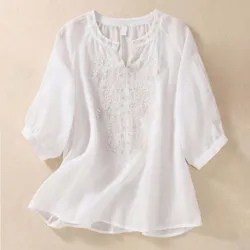 Embroidered White Women's Blouses Vintage Linen Cotton Shirt V Neck Summer Fashion Shirts Holiday Shirt Chinese Style Tops