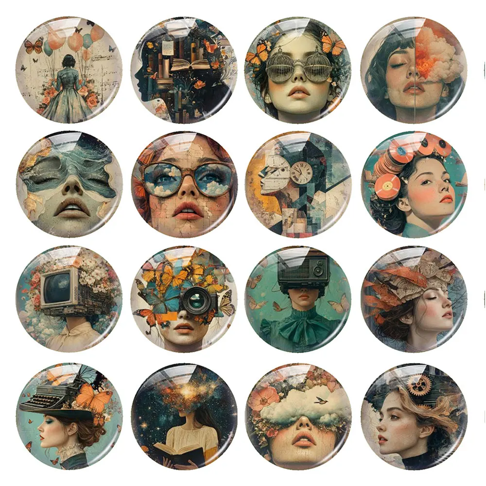 

Random Mixed Round/Oval/Square Surrealist Retro Collage Portrait Photo Glass Cabochon Flatback Demo Cameo For Diy Jewelry Making