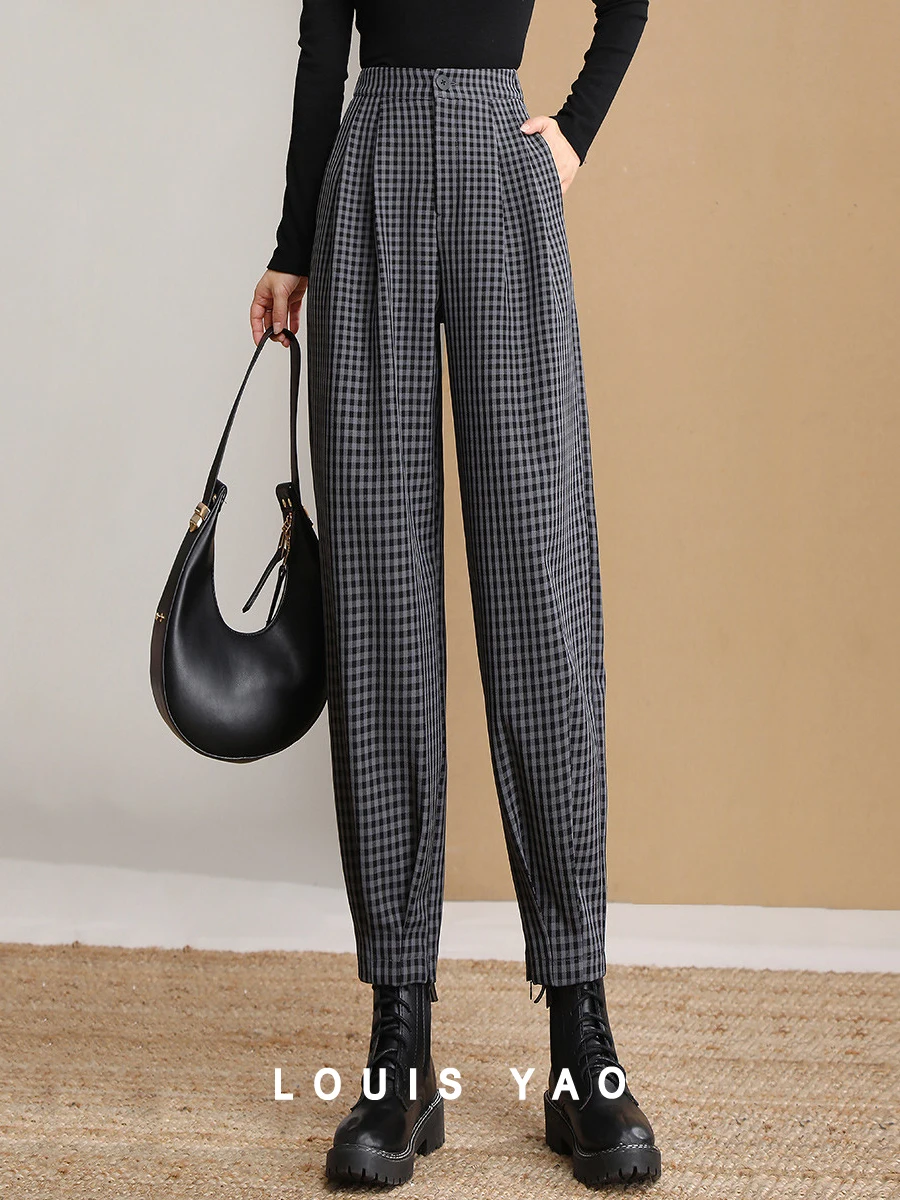 LOUIS YAO Women Pants 2024 Spring and Summer Checkered Cropped Pants Radish Retro Loose Fit  Casual Women Tapered Pants