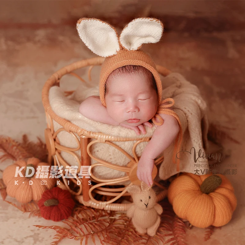 Newborn Headpiece Woolen Swaddle Cloth Newborn Photography Props Knitted Pumpkin Bunny Plush Scene Props Infants Photo Outfit