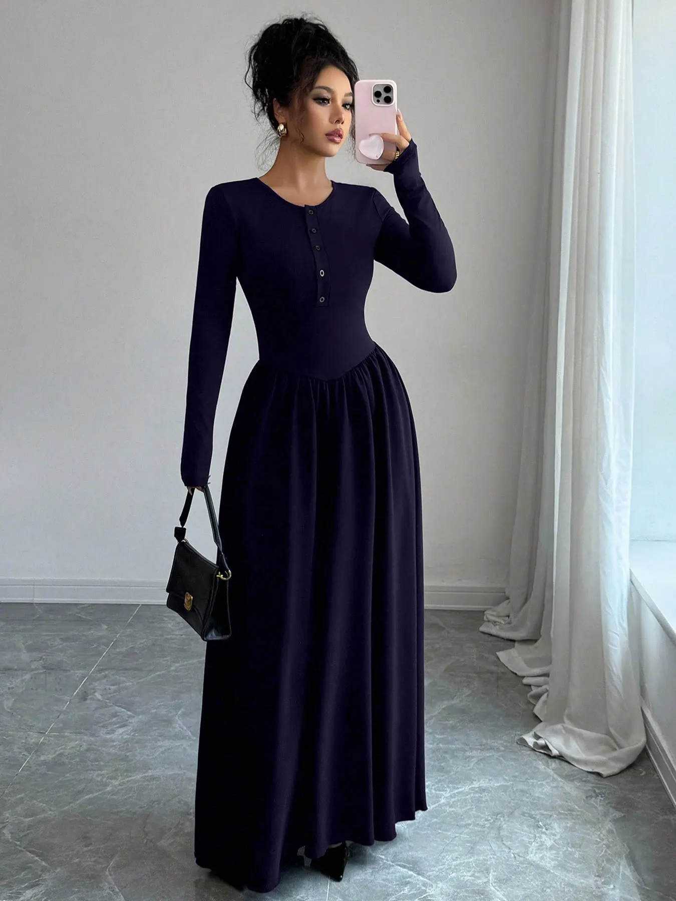 Vestidos de Mujer, Otoño, Nuevo Estilo Urbano, Moda, Manga Larga, Cuello Redondo, Vestido Largo Informal, Elegante, Vestidos de Punto para Mujer