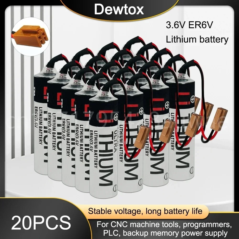 

20PCS 3.6V AA 2000mAh ER6V PLC CNC Lithium Batteries with Brown Plug Connectors for CNC Machine Tools PLC Battery