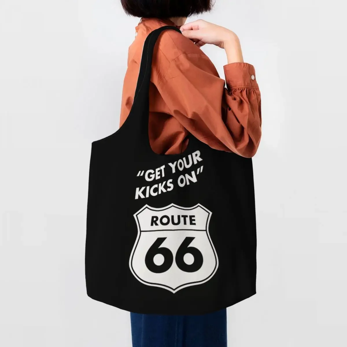 Get Your Kicks On Route 66 Groceries Shopping Bags Canvas Shopper Shoulder Tote Bags Big Capacity Durable USA Highways Handbag