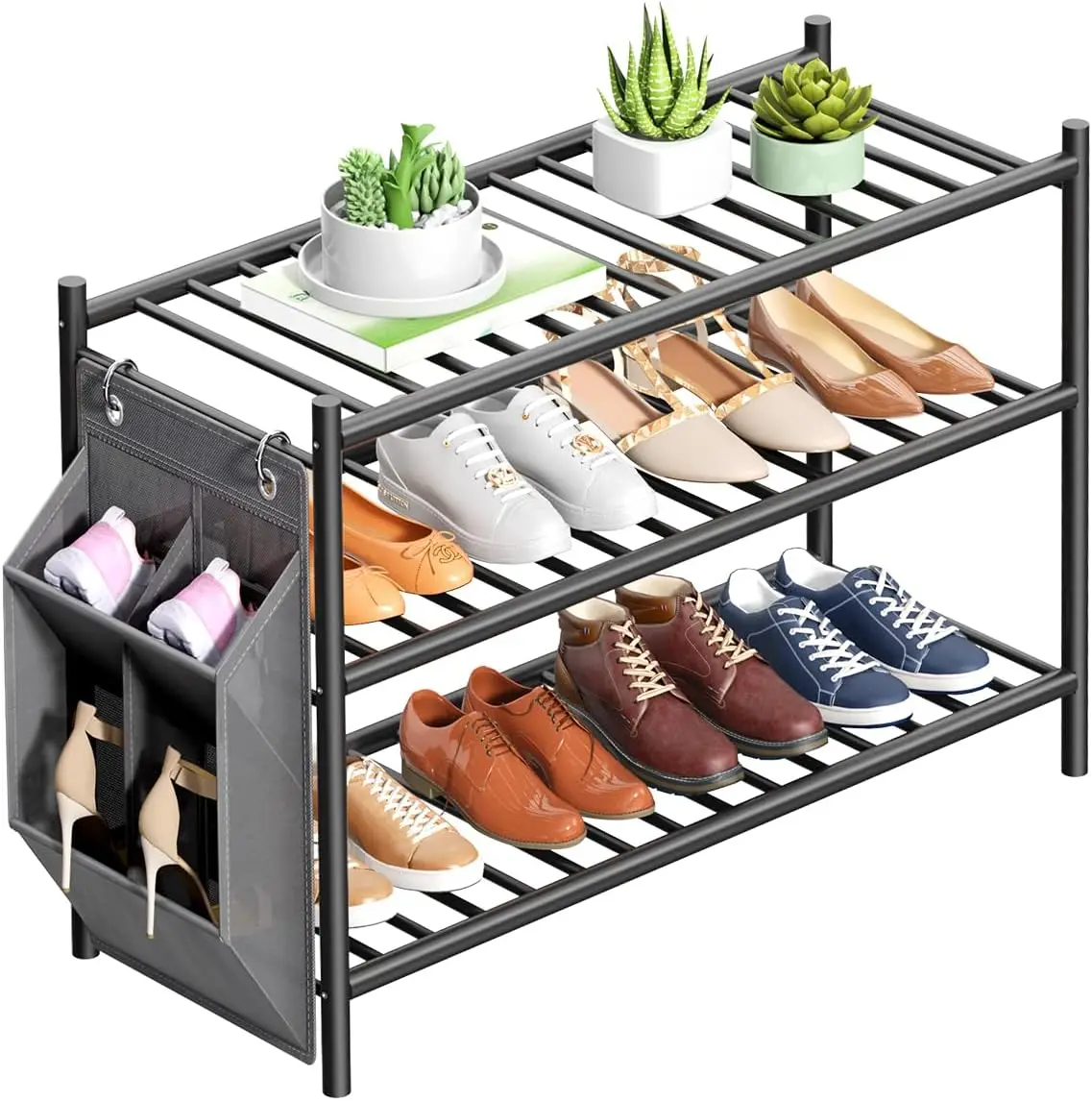 

Бамбуковая полка для обуви, 3-х уровневый деревянный органайзер шириной 26 футов с чехлом для шкафа, прихожей и входной двери — черный