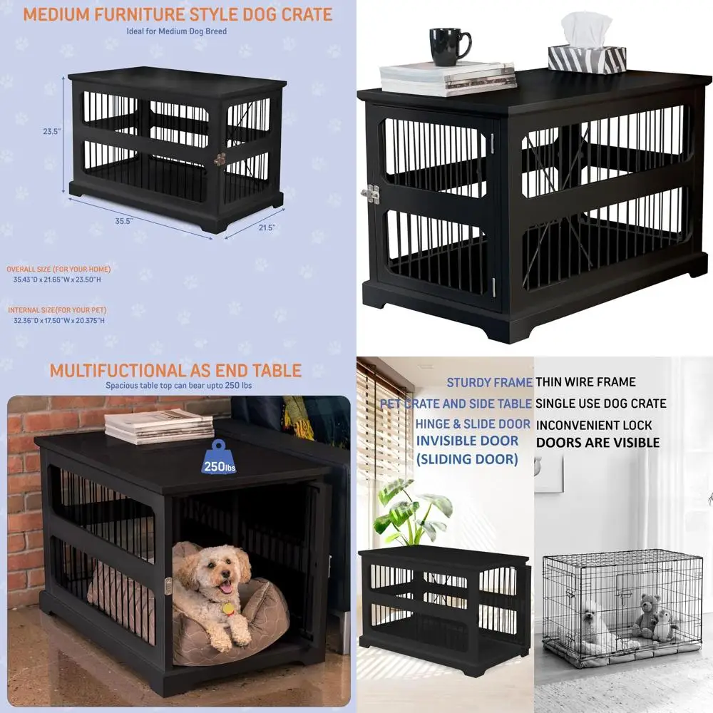 Dual-Function Sliding Door Dog Crate Furniture for Medium Dogs, Black