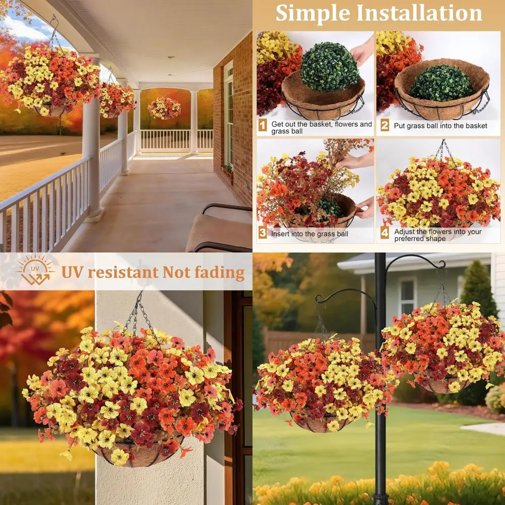

2 Artificial Hanging Baskets with UV-Resistant Fall Flowers for Outdoor Autumn Decor
