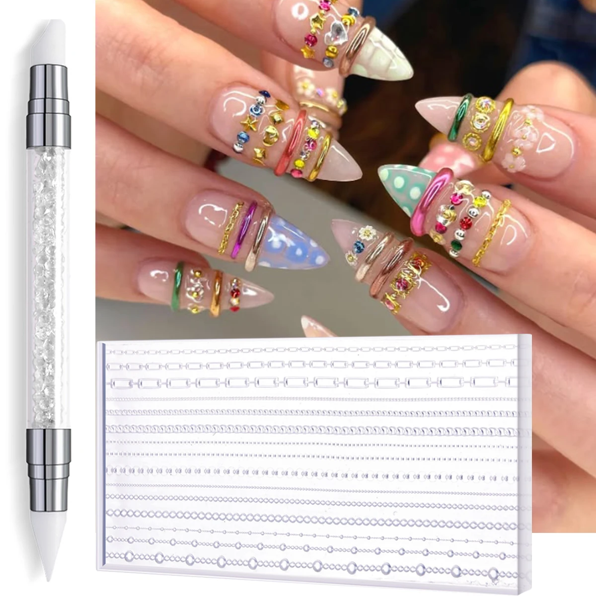 3D-Ketten-Silikon-Nagelform-Set, wiederverwendbare Nagelkunst-Schnitzschablone, doppelseitiger Stift, mehrere Kettenmuster, DIY-Schmuck-Deko – Detail 2