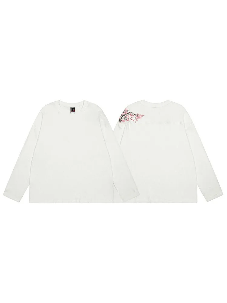 

HOUZHOU White Cherry Blossom Embroidery Women Man T-Shirts Oversized Long Sleeve Waffle Tees Solid Harajuku Casual Streetwear