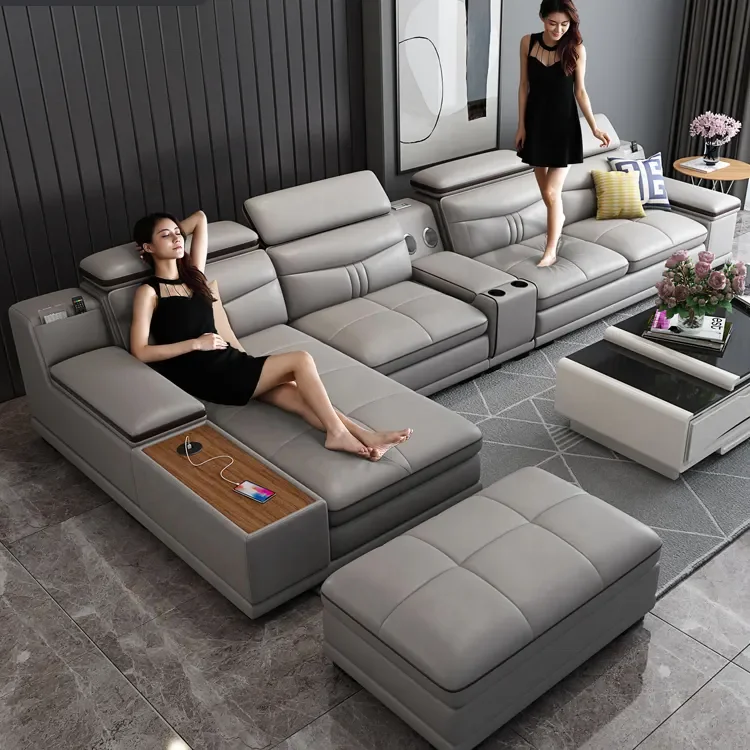 Luxury sofa Wooden leather material  for  Living Room  smart sofa bed with storage Straight L Shaped sofa