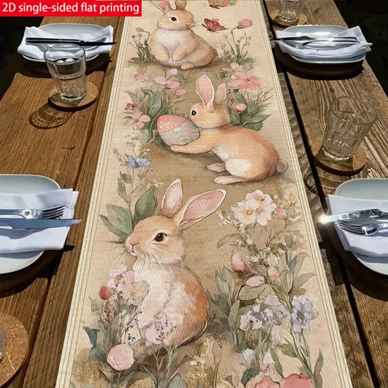 Spring Easter Cute Bunny Egg Butterfly Floral Table Runner for Party Holiday Home Decor Multi-Size Durable Linen Flat Print