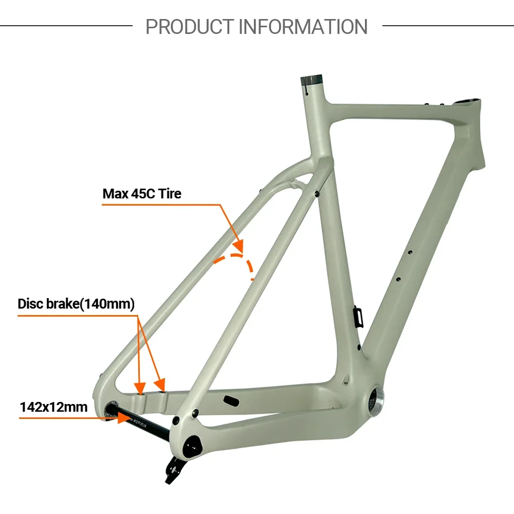 T1000 Carbon Gravel Frame 700C*45C Bike Frame BB386/Threaded T47 Flat Mount Disc Brake Full Hidden Cable Gravel Bicycle Frame