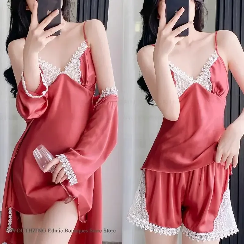 مثير الدانتيل 4 قطعة منامة مجموعة الصيف جديد النساء ملابس المنزل رداء النوم كامي السراويل البيجامات دعوى فضفاضة الساتان ملابس خاصة Homewear