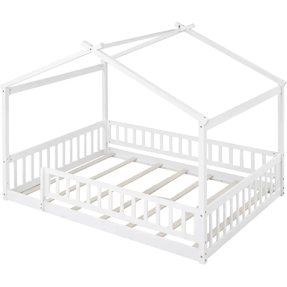 Tempat Tidur Rumah Tempat Tidur Lantai Ukuran Penuh dengan Pagar Pagar, Rangka Tempat Tidur Kayu Gaya Montessori untuk Anak-anak, Tempat Tidur Playhouse Menyenangkan untuk Anak Perempuan Laki-laki