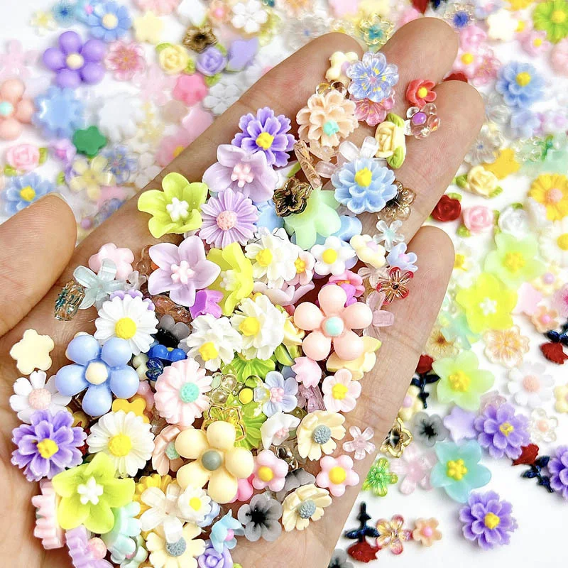 100Pcs Acrylic Flowers Nail Charms Random Mixed Resin Floral Rose 3D Nail Art Decoration Manicure Moon Heart Pearl Nail Jewelry