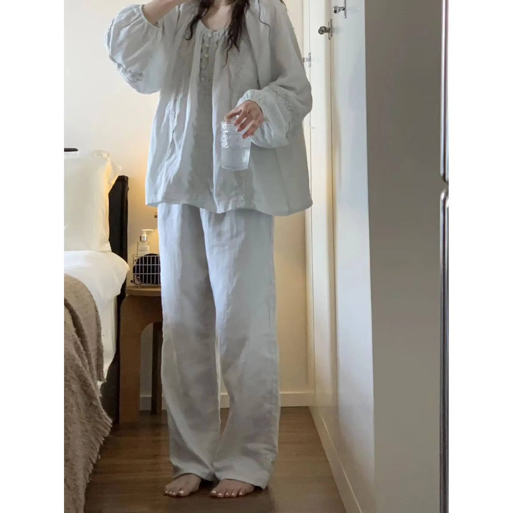 2026 New Girls' Korean Double Layer Cotton Pajamas Set Comfortable Long Sleeves Trousers Skin Friendly Loungewear Women